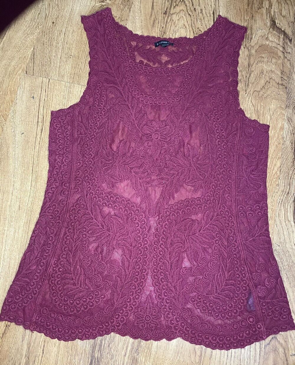 Express Women’s Lace Sleeveless Sheer Maroon Top, Size Small